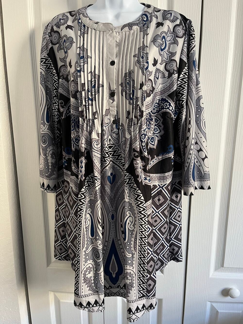 Reborn Boho Print Tunic Dress NWT Size 2X Black White Blue